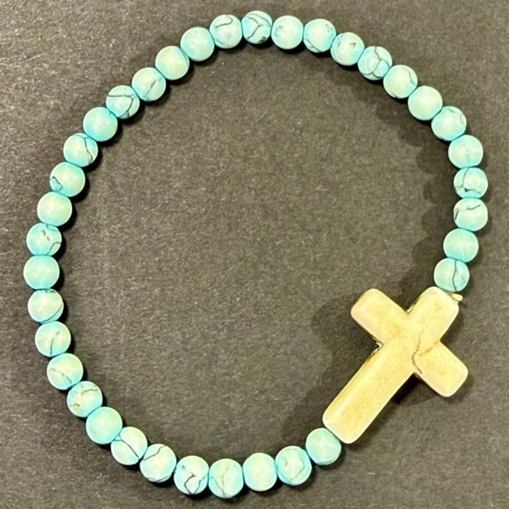 Turquoise Cross Beaded Bracelet Natural Stone Beads Central Cross Charm Stretch